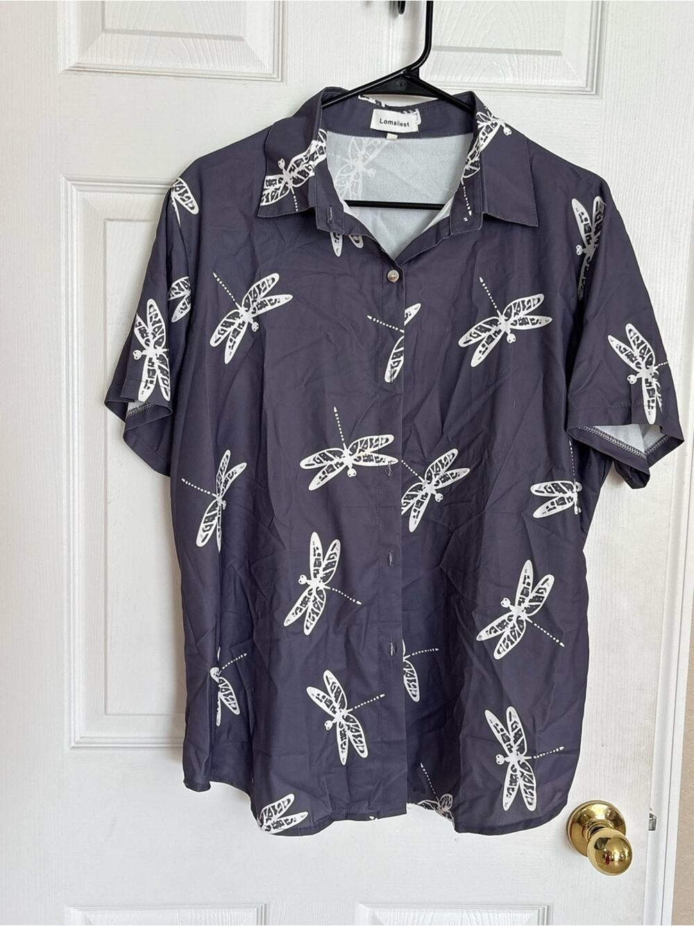 Lomaliest Dragonfly Button Front Blouse XL Gray Short Sleeve Casual Shirt Top